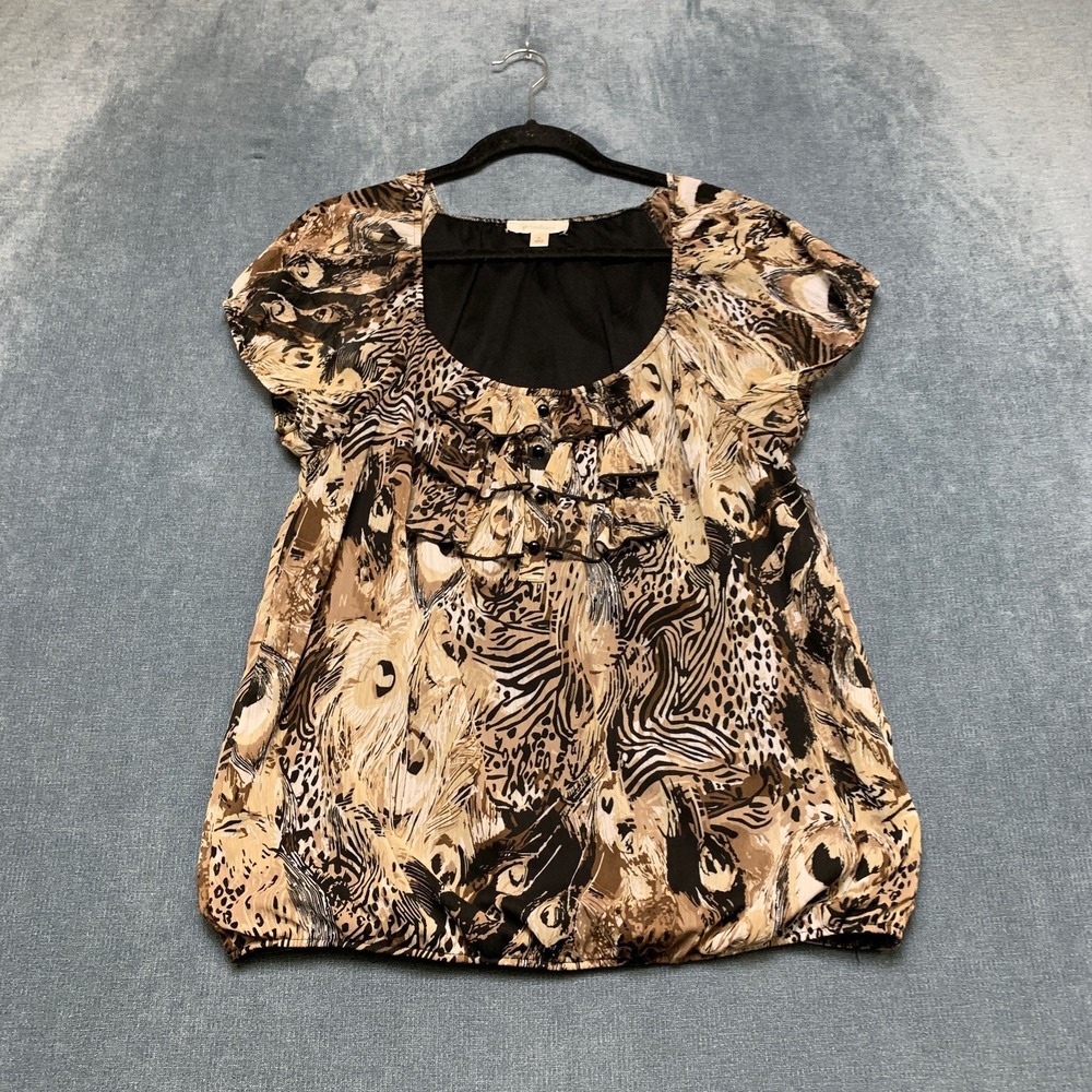 Dressbarn Blouse Top Womens Medium Brown Black Animal Print Ruffle Scoop Neck